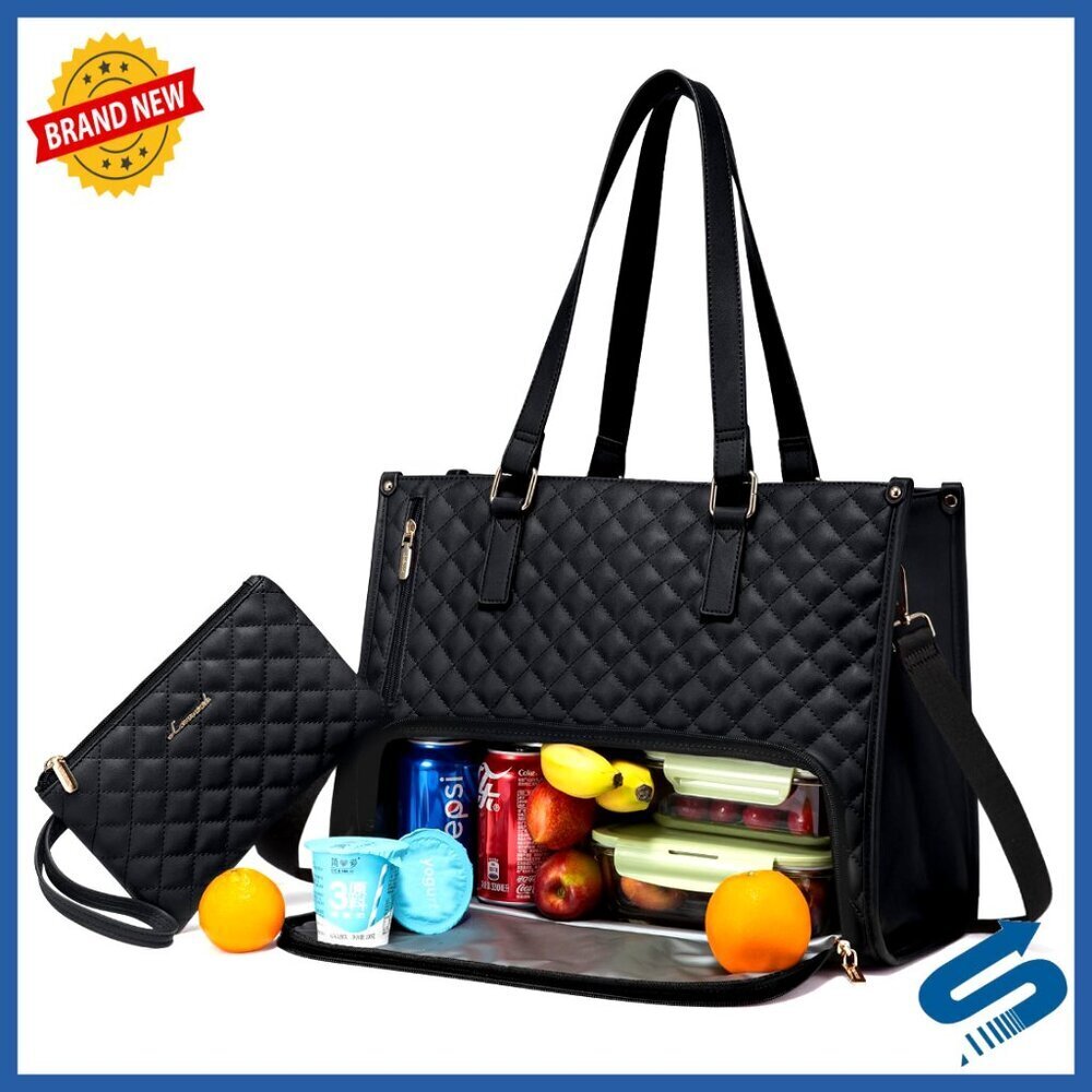 Quilted Laptop Tote Bag Insulated Lunch Compartment Professional Work Bag